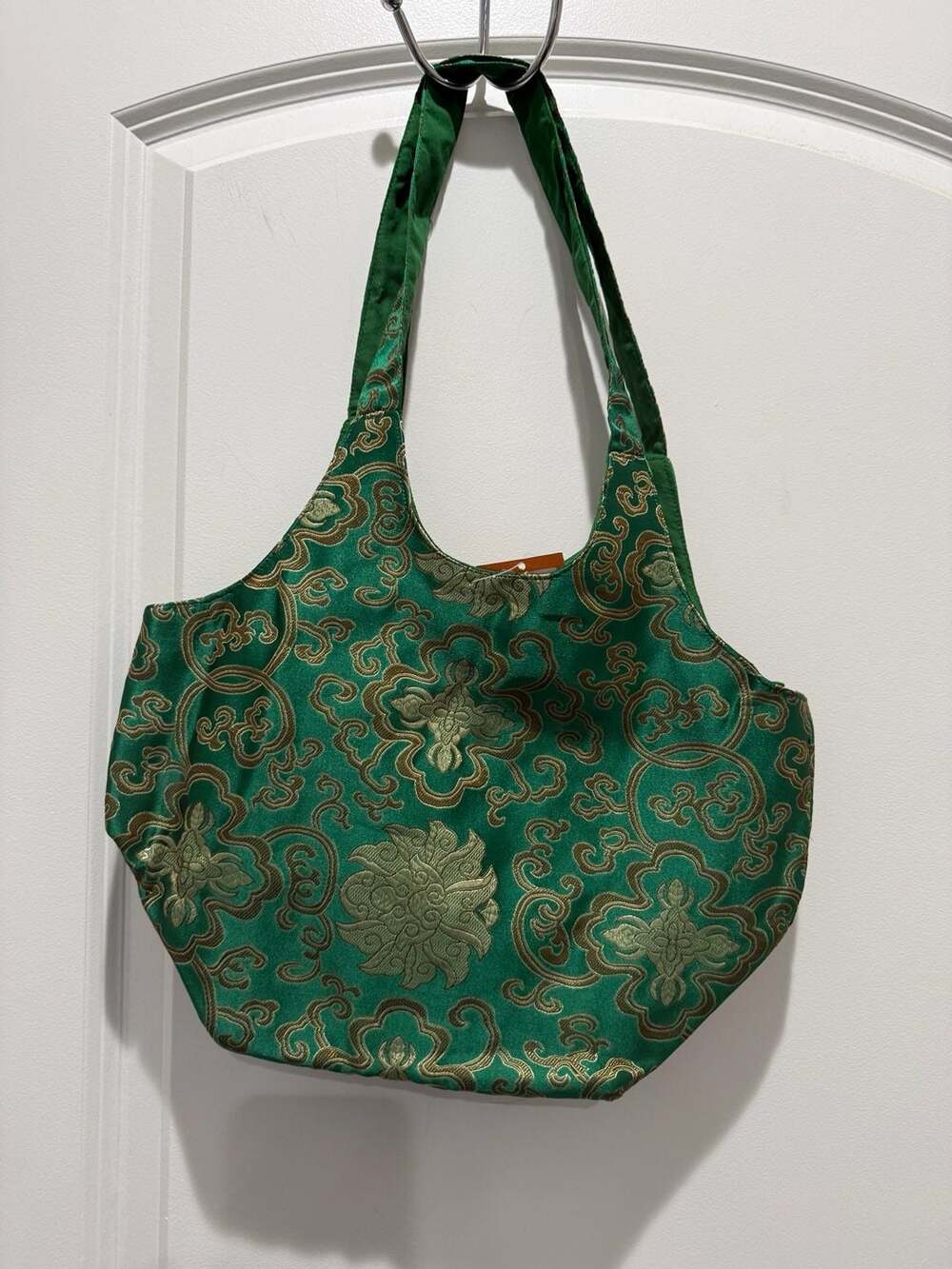 Vintage Shanghai Tang Emerald Green Silk Brocade Floral Hobo Tote Bag